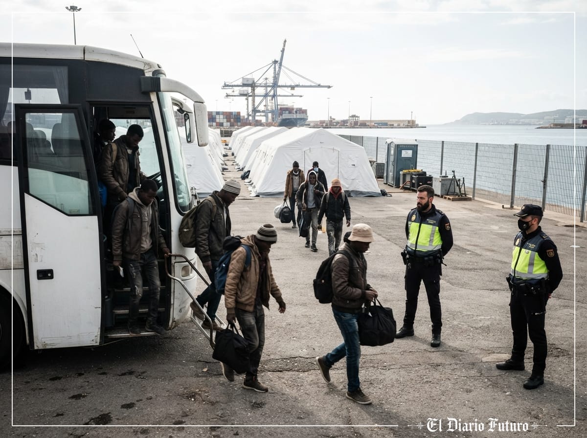 Migrantes suben a un autobús bajo supervisión de agentes de la Policía Nacional en el puerto de Ceuta, junto a las carpas blancas del nuevo campamento.