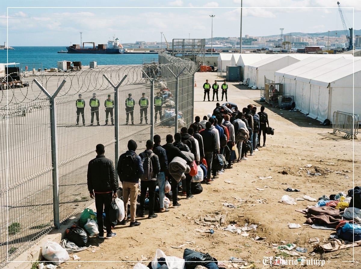 Grupo de personas migrantes con mantas junto a una valla del puerto de Ceuta, con carpas blancas de acogida al fondo.