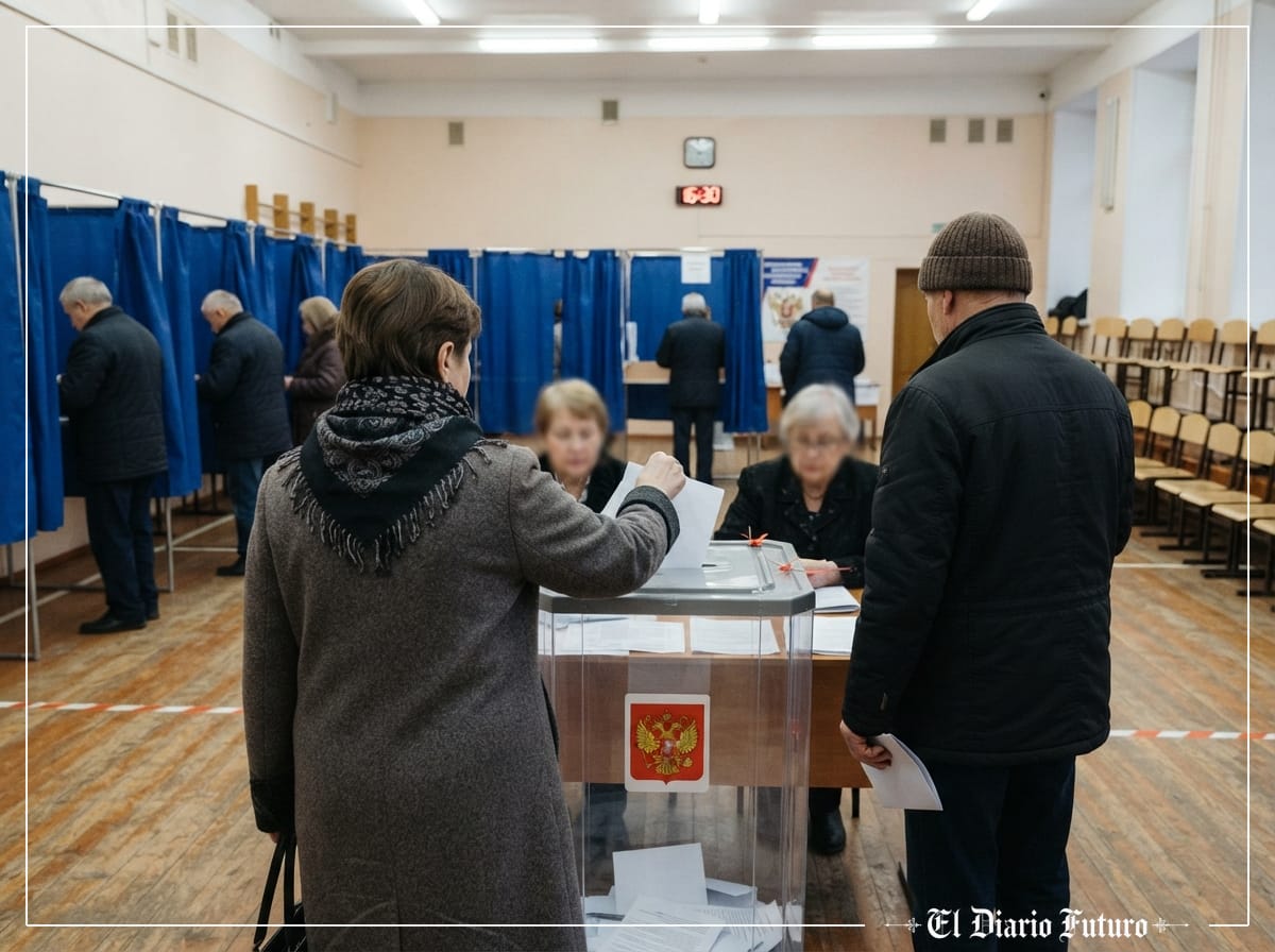 Votantes depositan su papeleta en una urna transparente en un colegio electoral de Moscú.