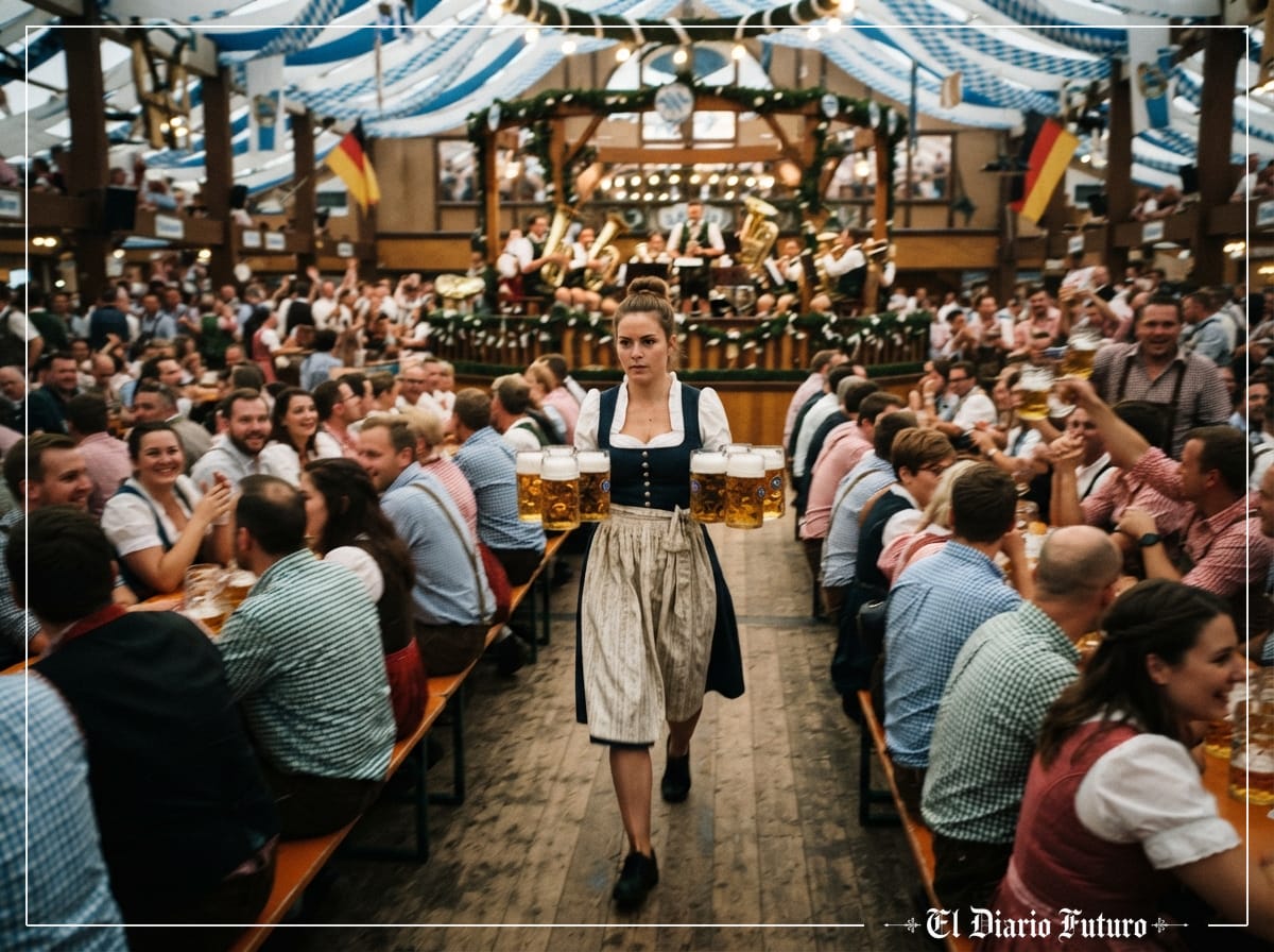 Una camarera de la Oktoberfest carga varias jarras de cerveza entre las mesas llenas de una carpa de la Theresienwiese.