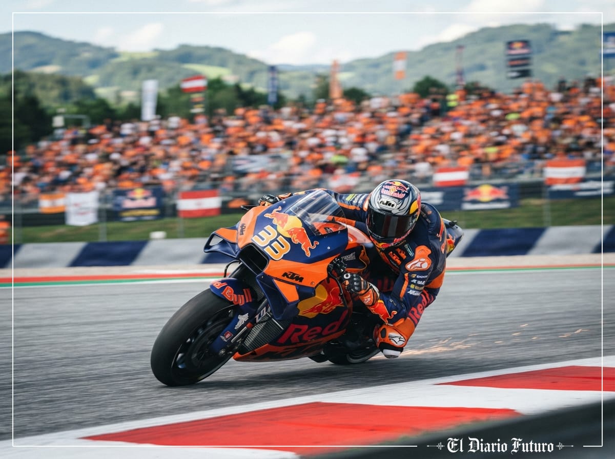 Una moto naranja de KTM inclinada en una curva del Red Bull Ring con las montañas de Estiria al fondo.
