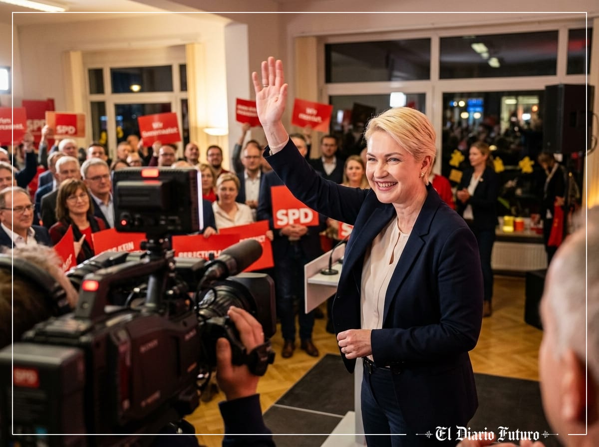 Manuela Schwesig saluda a sus simpatizantes en la noche electoral