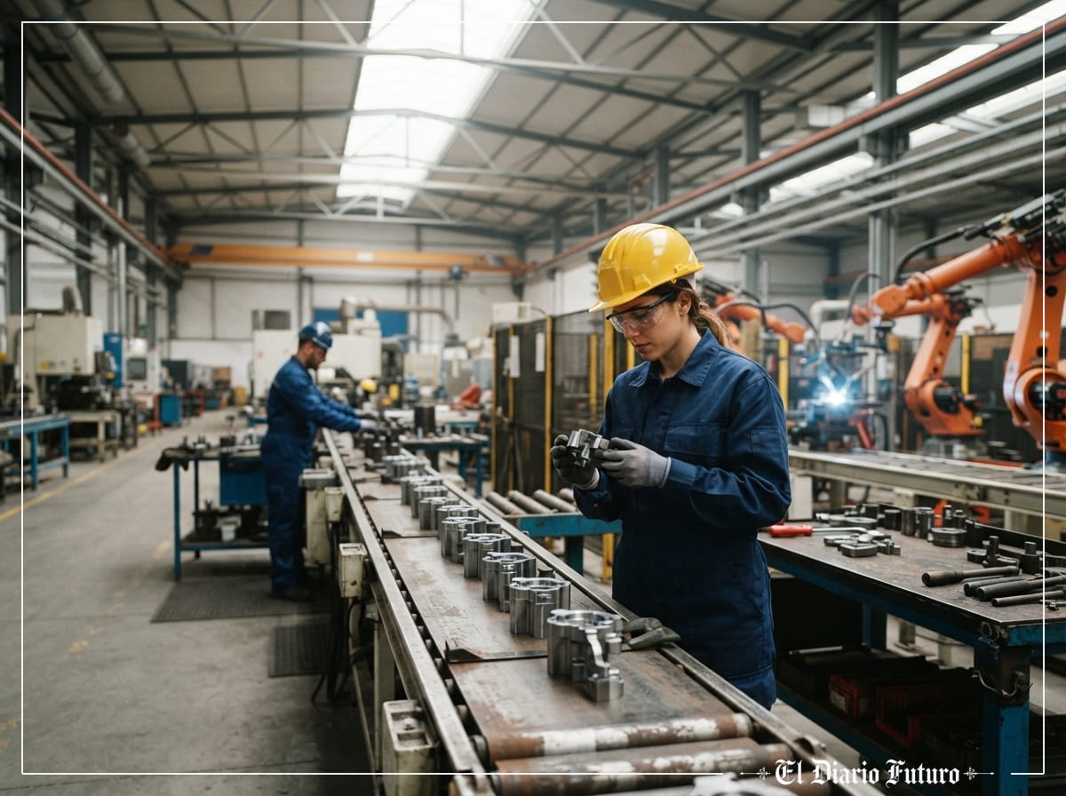 Operarios trabajan en una línea de montaje de una fábrica española.