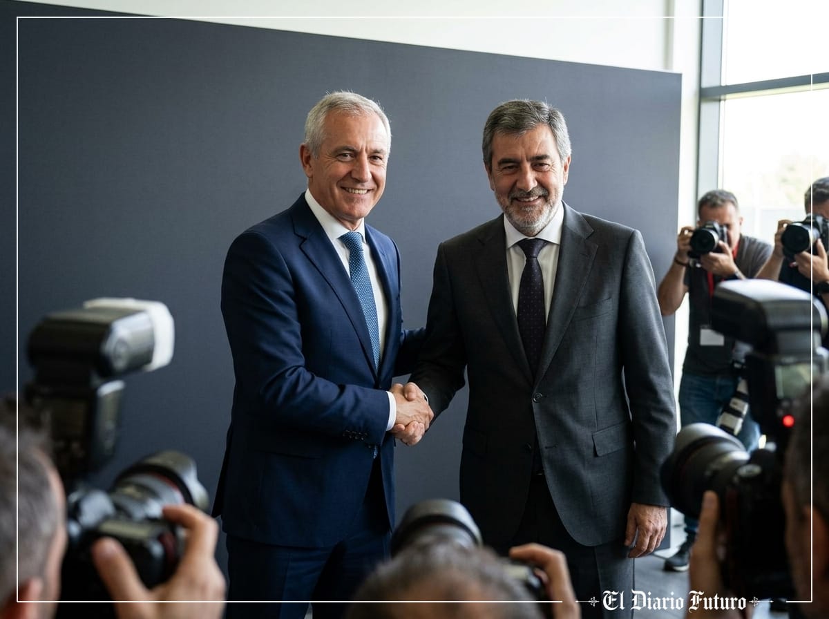 El seleccionador español y el presidente de la federación posan tras la firma de la renovación.