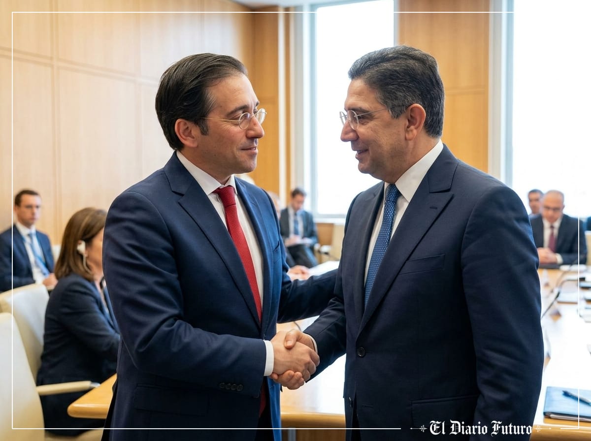José Manuel Albares y Naser Burita se estrechan la mano al término de su reunión bilateral en la sede de Naciones Unidas.