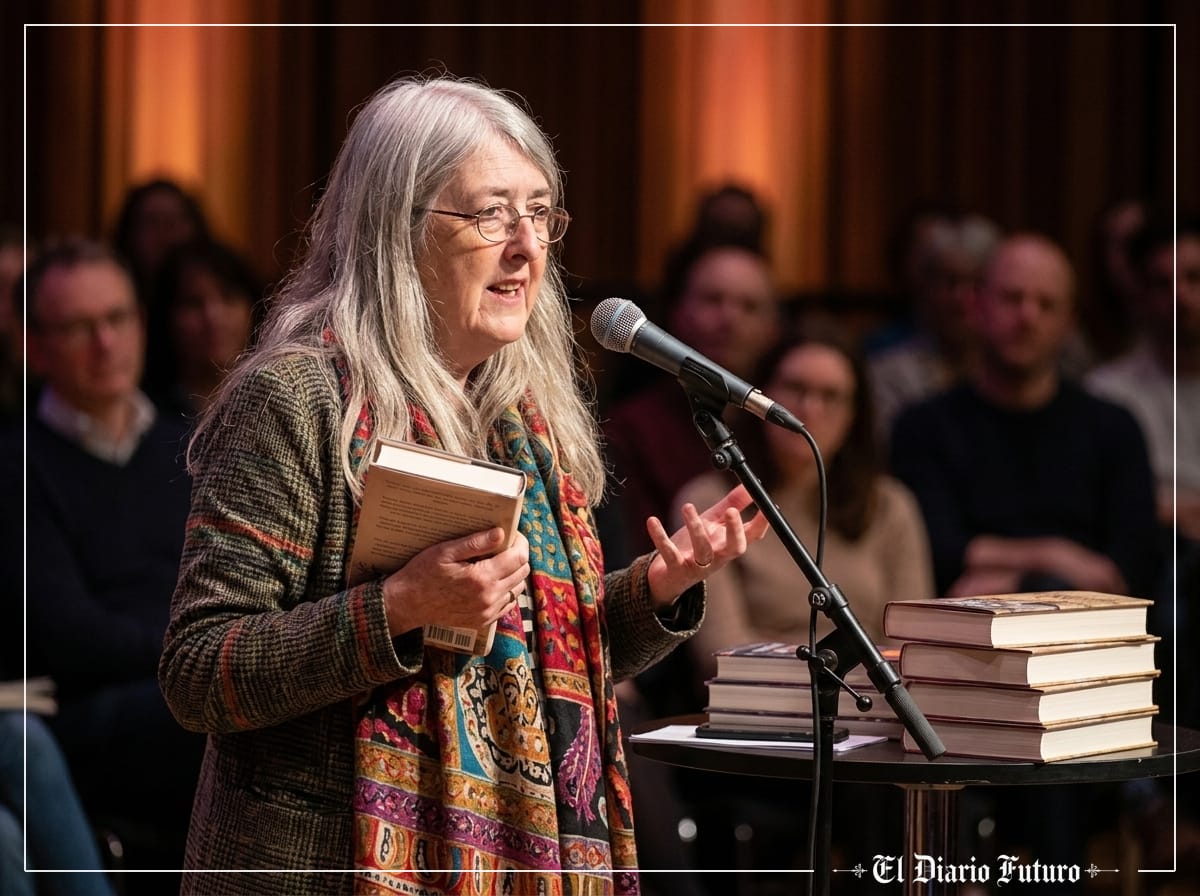 Mary Beard, presidenta del jurado del Booker Prize 2026, anuncia la lista corta en el Southbank Centre de Londres.