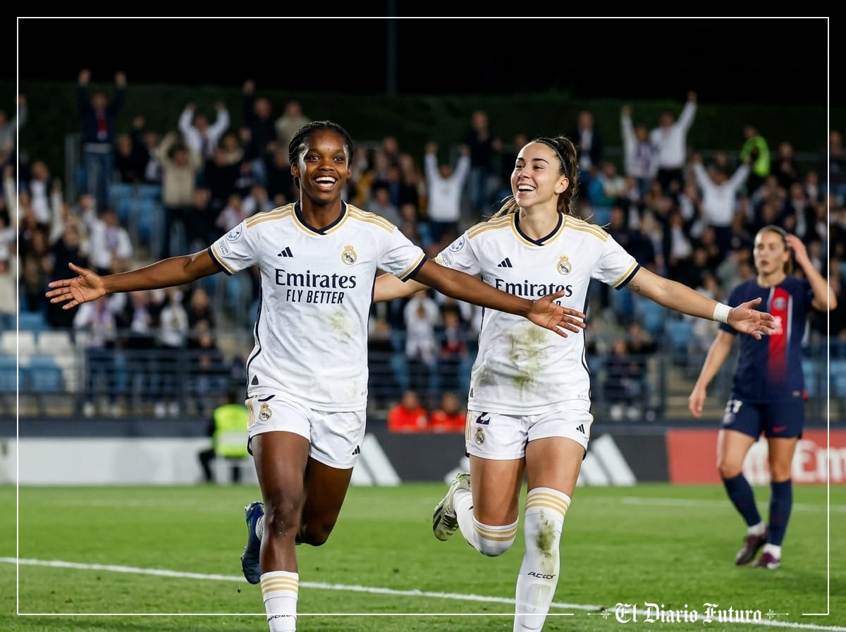 Linda Caicedo celebra un gol con la camiseta blanca del Real Madrid en el estadio Alfredo Di Stéfano.
