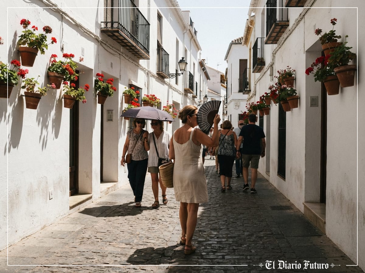 Viandantes se protegen del sol con abanicos y sombrillas en una calle de Córdoba.