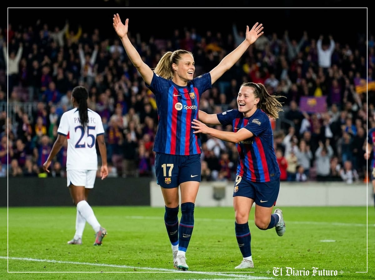 Ewa Pajor celebra su segundo gol con Clàudia Pina en el Estadi Johan Cruyff.