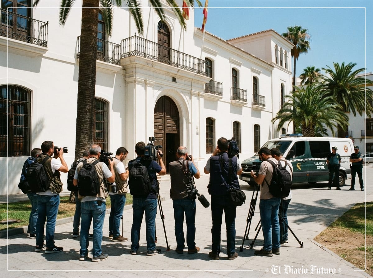 Fachada de la Delegación del Gobierno en Ceuta con cámaras y periodistas esperando en la puerta.