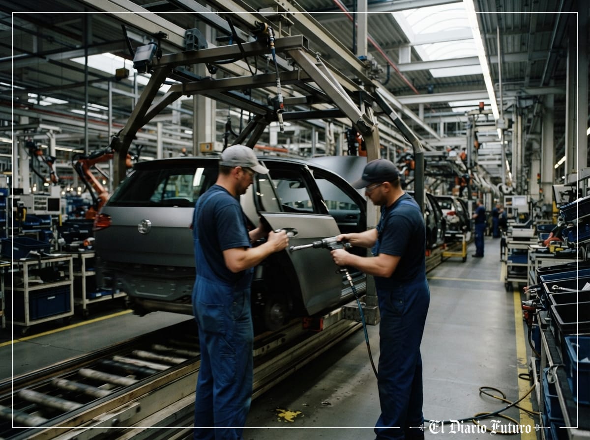 Operarios trabajan en una línea de montaje de automóviles en una planta alemana.