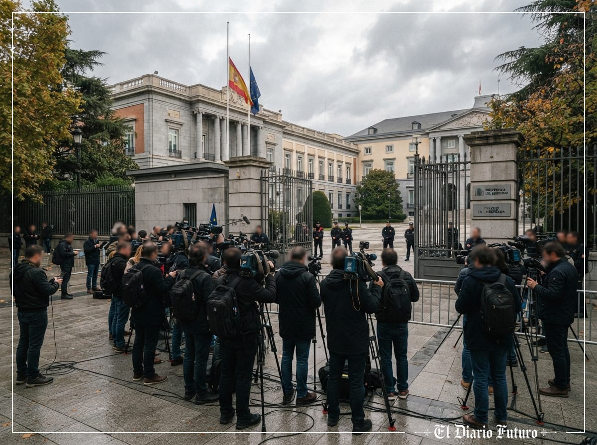Fachada del Palacio de la Moncloa con periodistas a la entrada