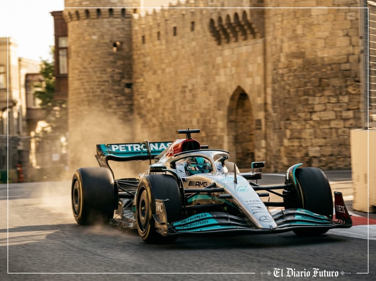 George Russell pilota su Mercedes por el circuito urbano de Bakú