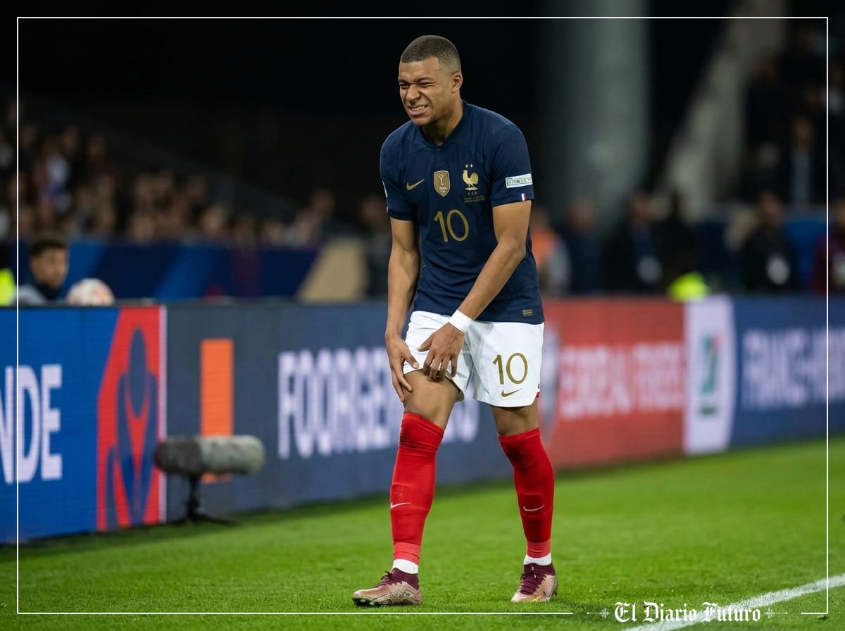 Kylian Mbappé se toca la rodilla izquierda sobre el césped
