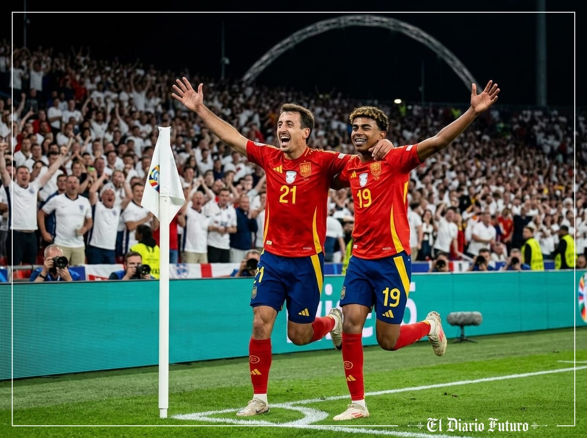Lamine Yamal celebra un gol con la camiseta roja de España en Wembley