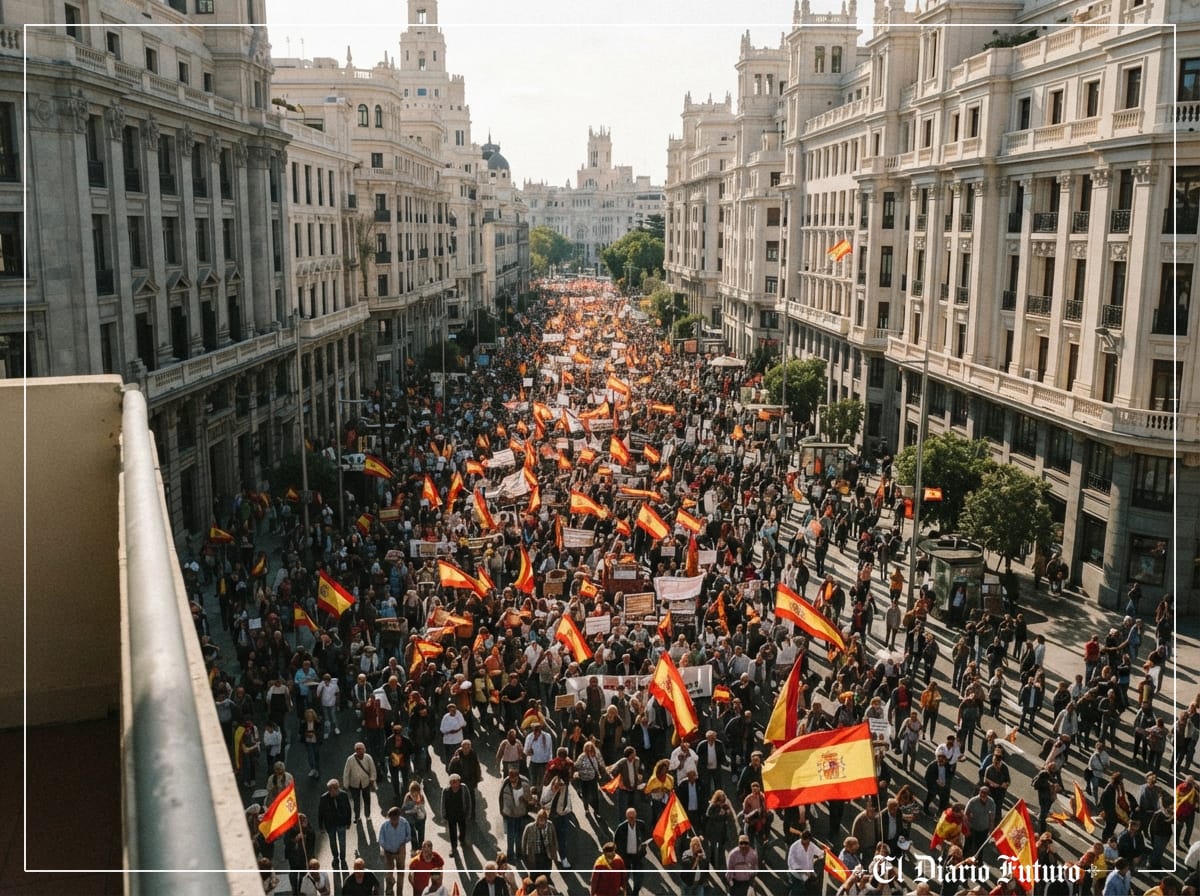 Miles de manifestantes con banderas de España recorren la Gran Vía de Madrid