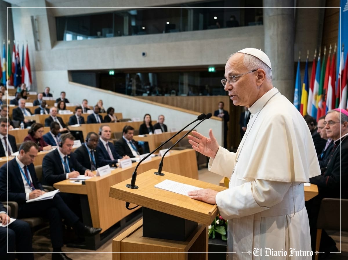 El papa León XIV pronuncia un discurso en un atril de la sede de la UNESCO en París