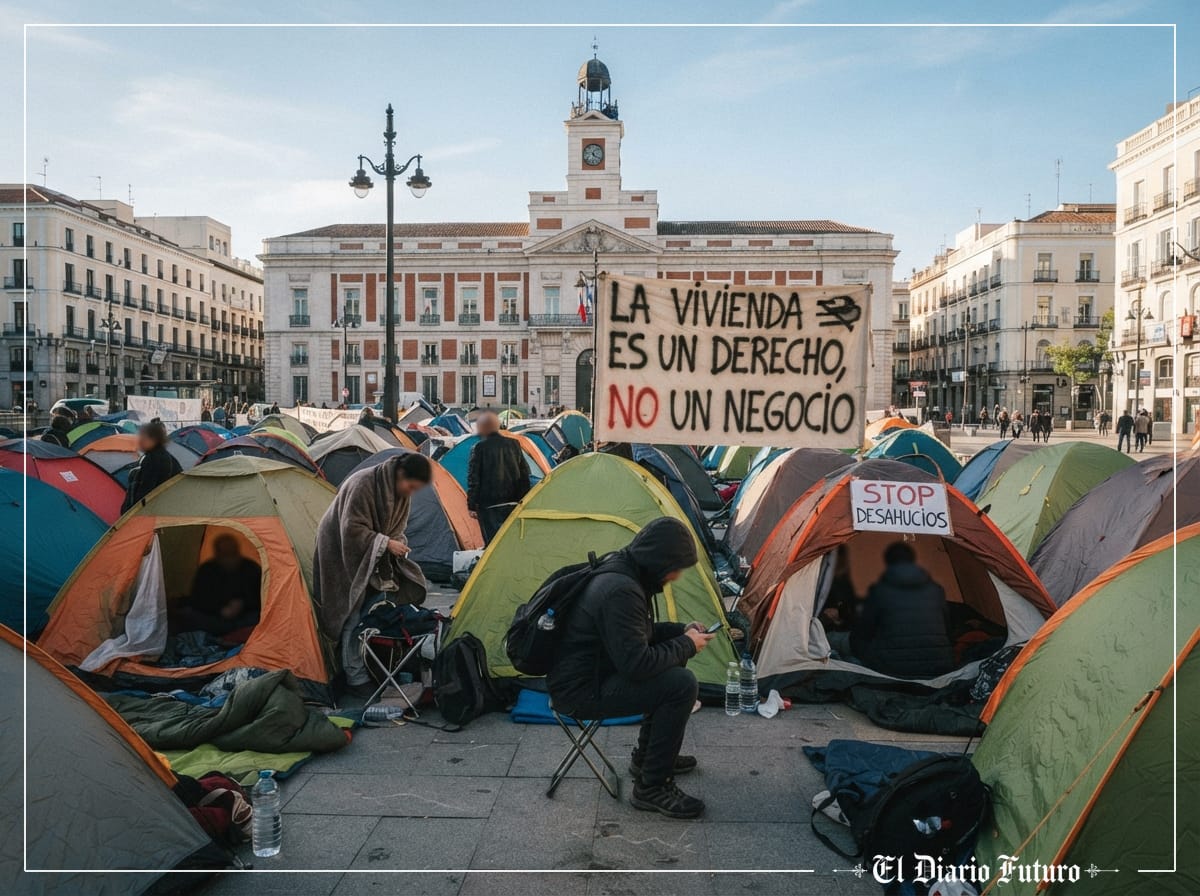 Tiendas de campaña y pancartas por la vivienda en la Puerta del Sol de Madrid
