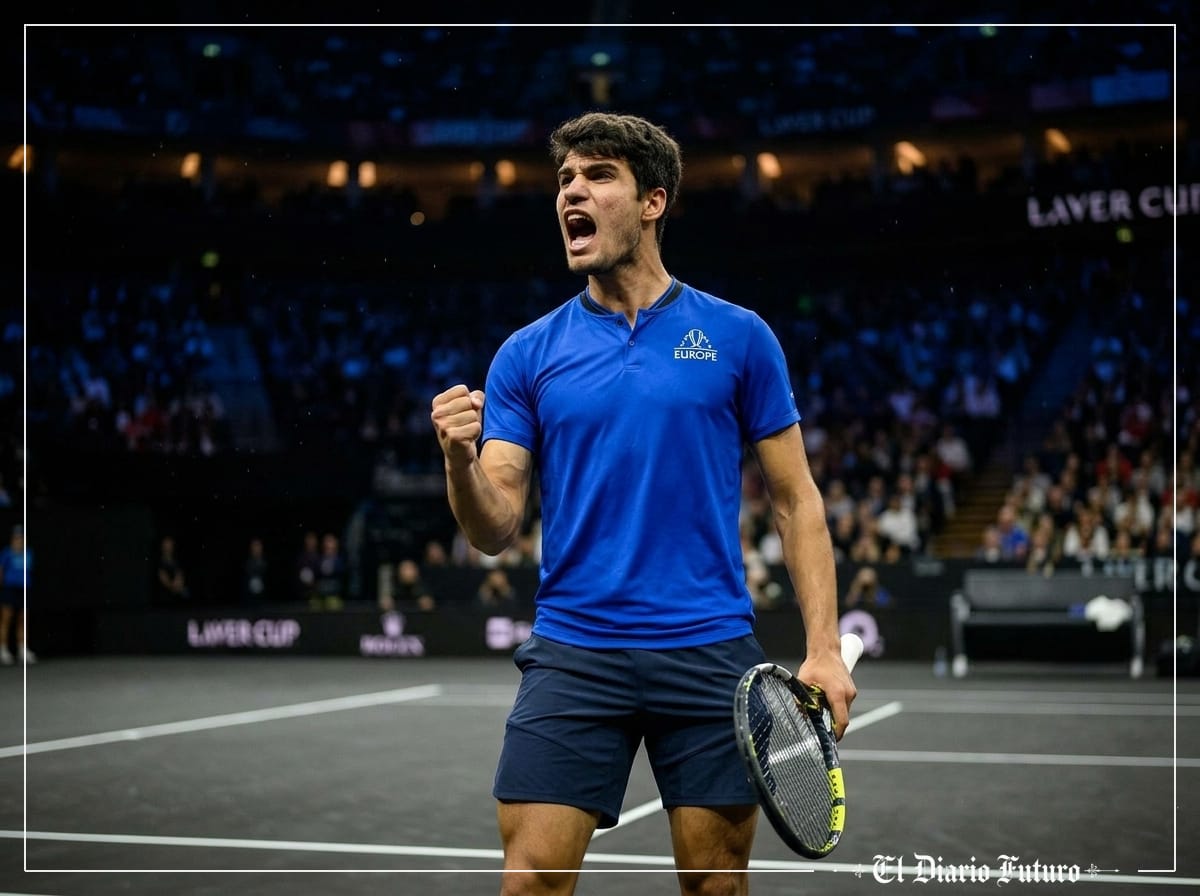 Carlos Alcaraz celebra un punto en la pista negra del O2 Arena en la Laver Cup