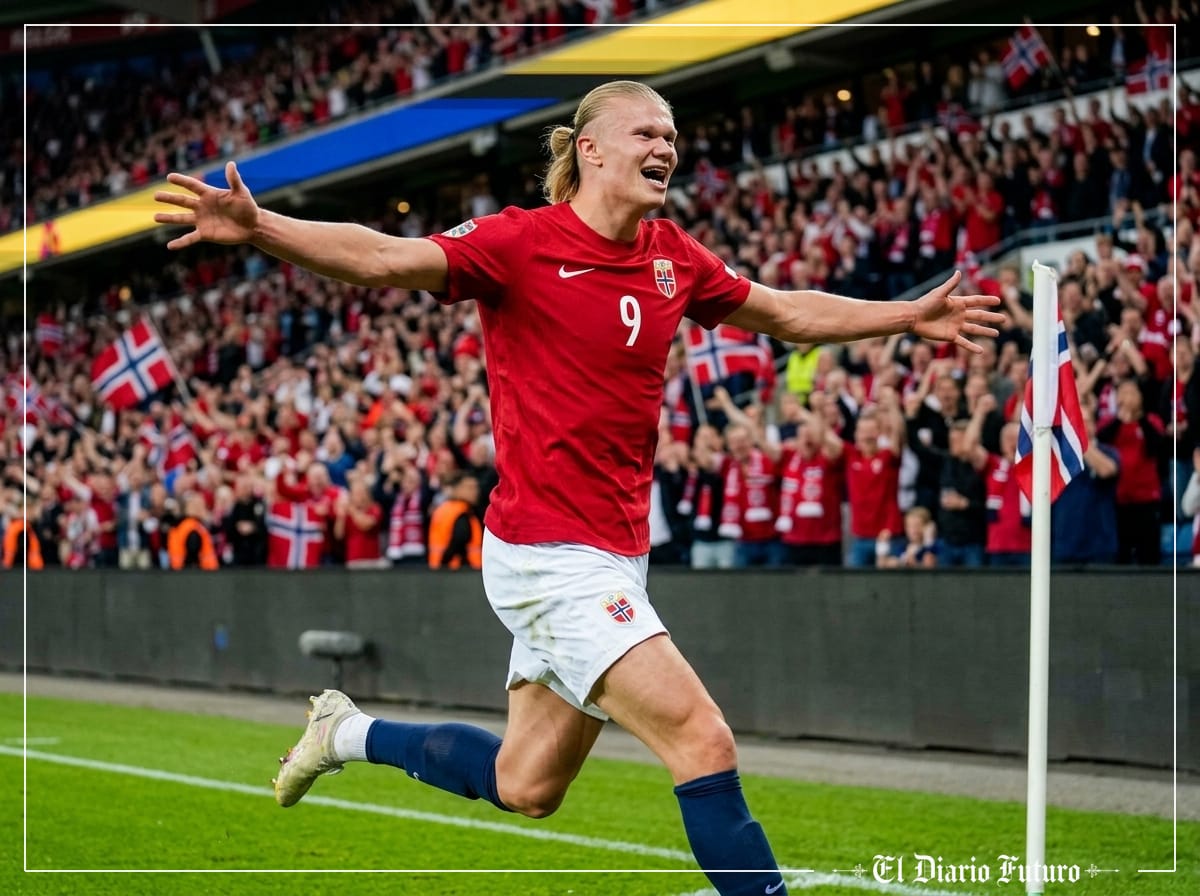 Erling Haaland celebra un gol con la camiseta roja de Noruega