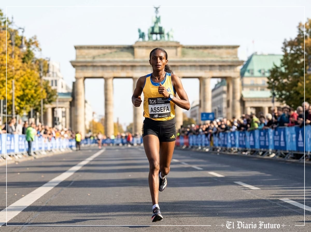 Tigst Assefa corre en solitario por una avenida de Berlín