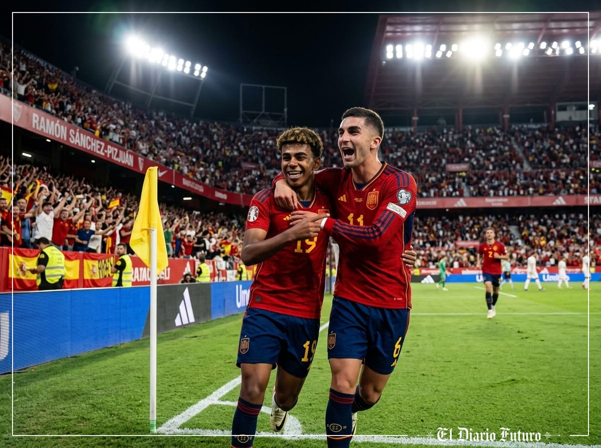 Lamine Yamal celebra un gol con la selección española