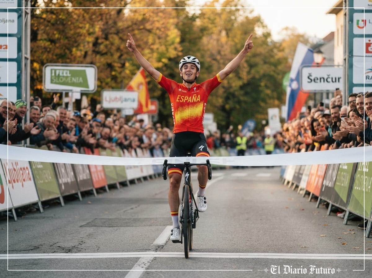 Ciclista con el maillot de España celebrando una victoria