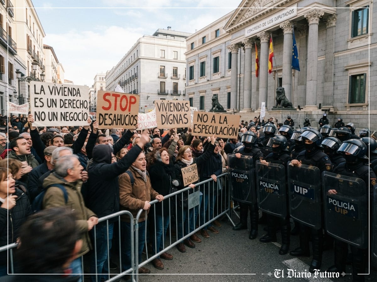 Manifestantes frente a un cordón policial junto al Congreso