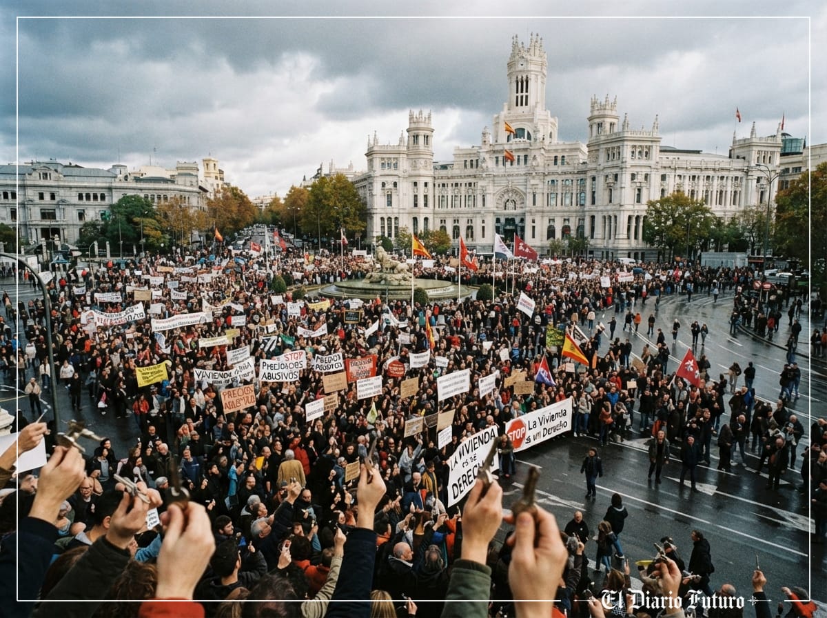 Multitud con pancartas por la vivienda llenando la plaza de Cibeles en Madrid