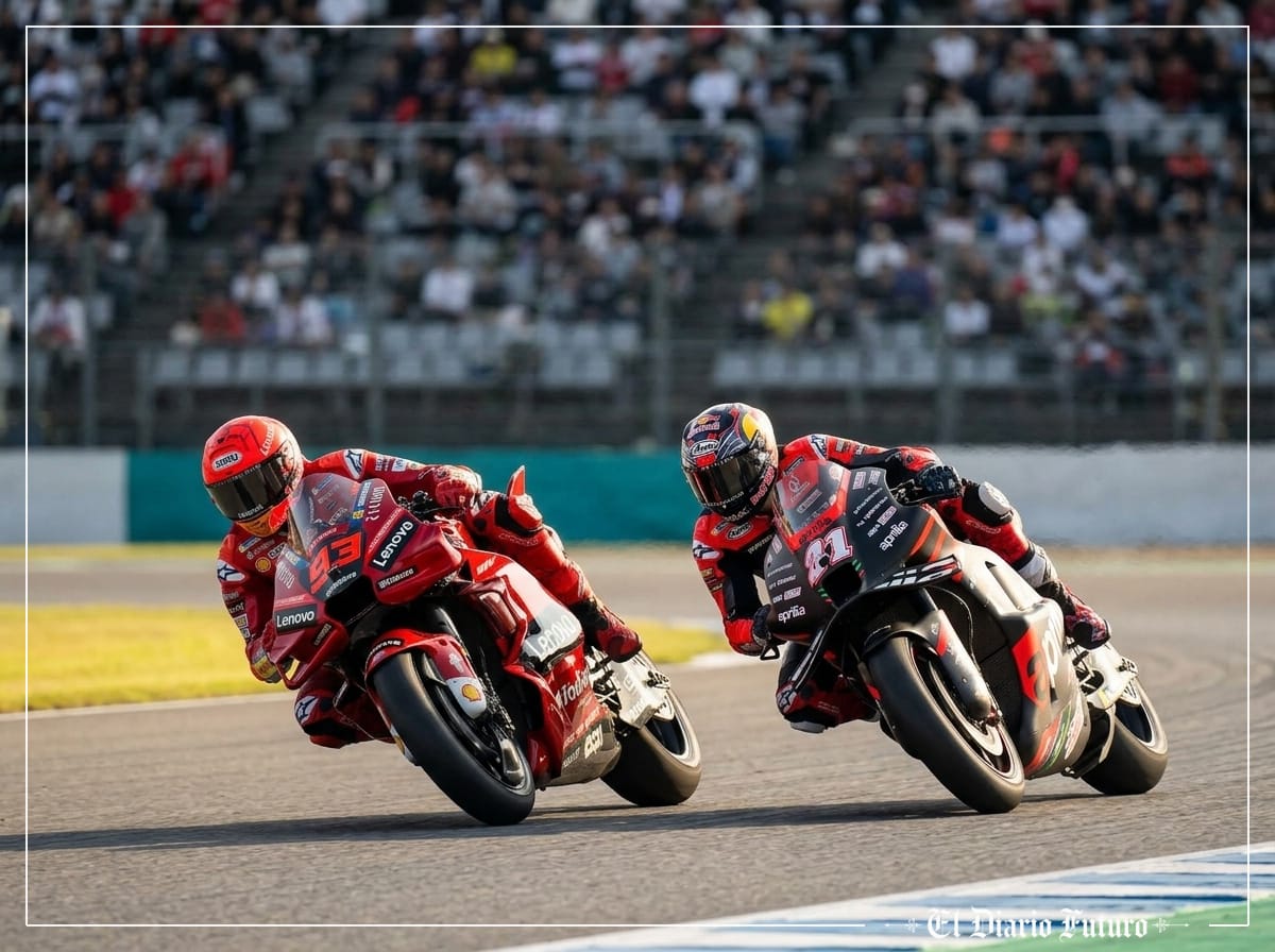 Marc Márquez pilota su Ducati por delante de Jorge Martín en Motegi