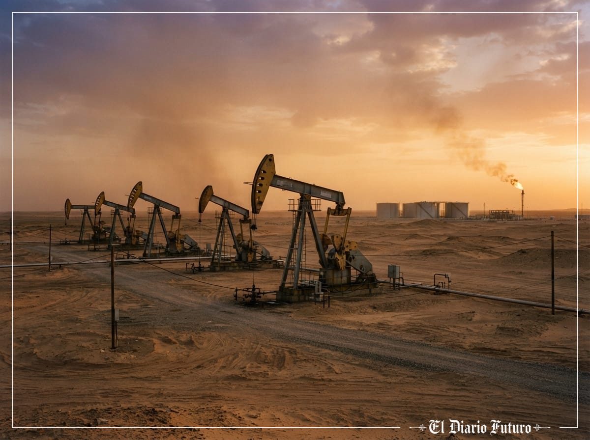 Bombas de extracción de petróleo en un campo petrolífero al atardecer