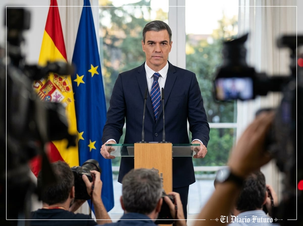 Pedro Sánchez en el atril de una declaración institucional en el Palacio de la Moncloa
