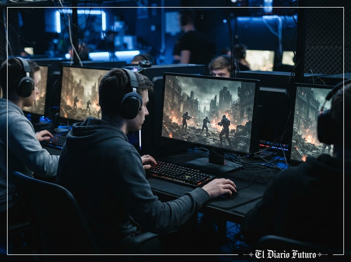 Jugadores probando un videojuego de disparos en una sala de PC