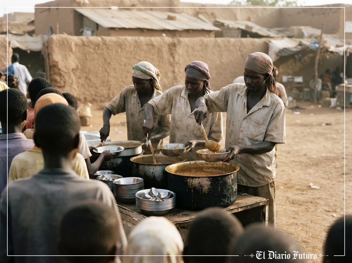 Voluntarios sudaneses reparten comida en una cocina comunitaria