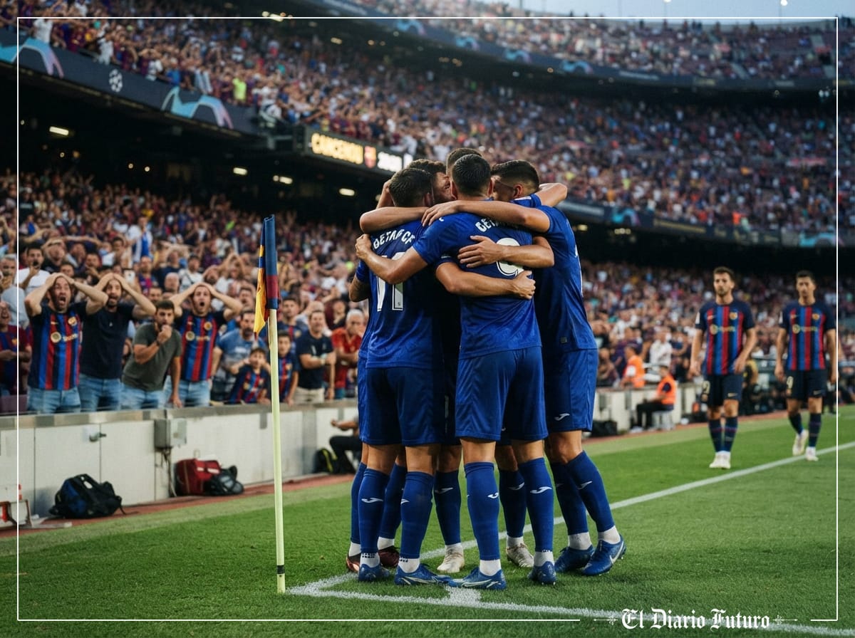 Futbolistas del Getafe celebran un gol en el Camp Nou