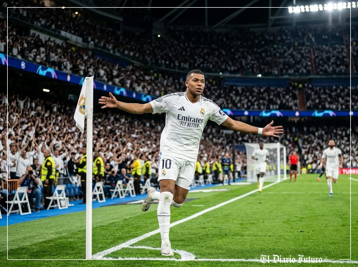 Kylian Mbappé celebra un gol con la camiseta blanca del Real Madrid en el Bernabéu