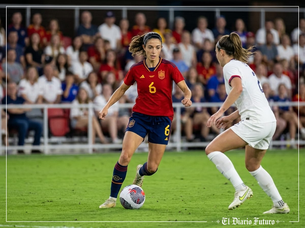 Aitana Bonmatí conduce el balón con la camiseta roja de España
