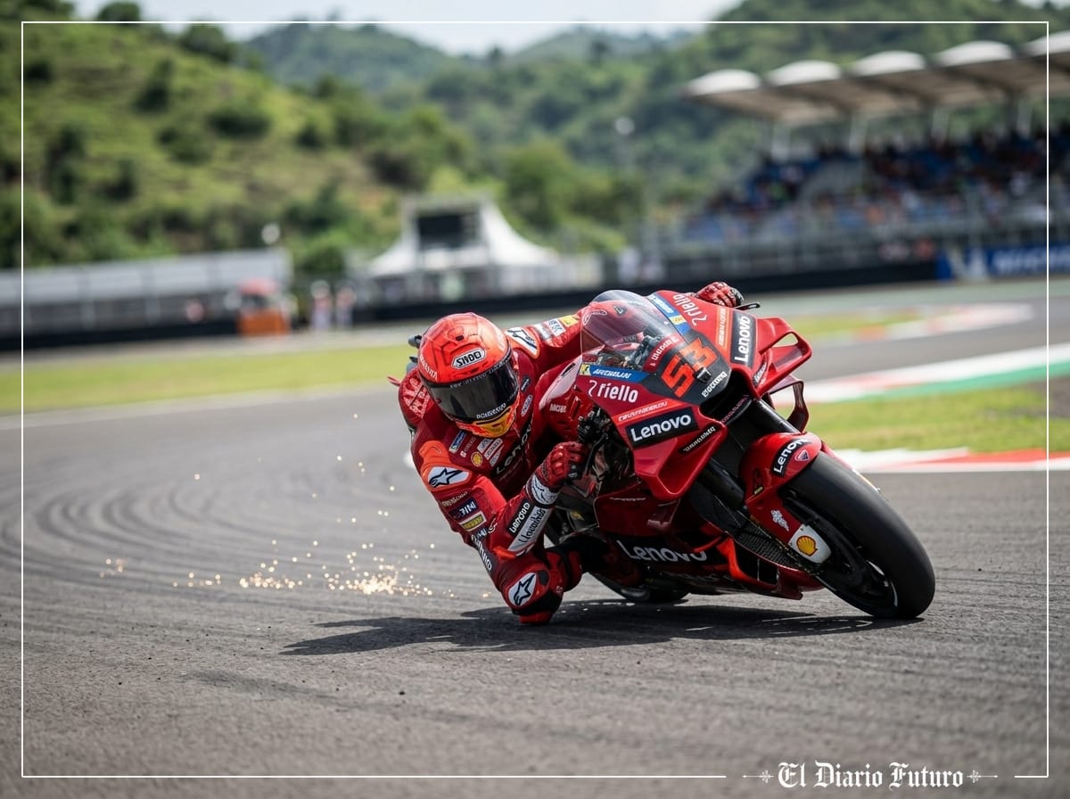 Marc Márquez traza una curva con su Ducati roja en Mandalika