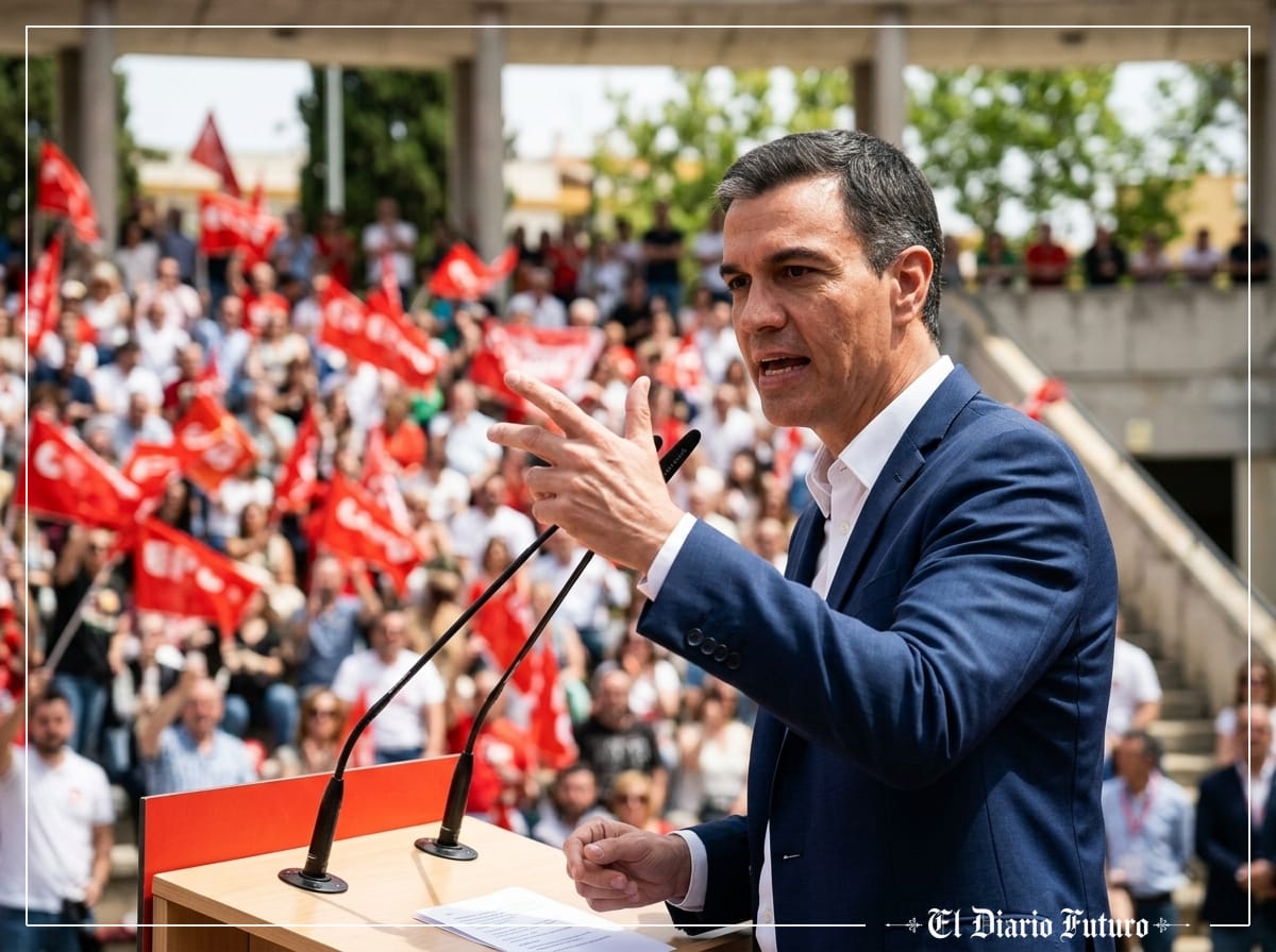 Pedro Sánchez habla en un atril durante un mitin