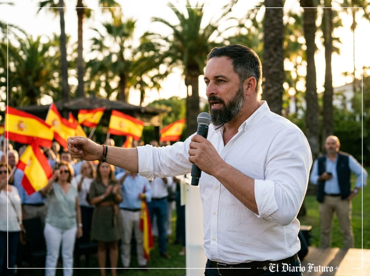 Santiago Abascal habla en un mitin al aire libre con banderas de España