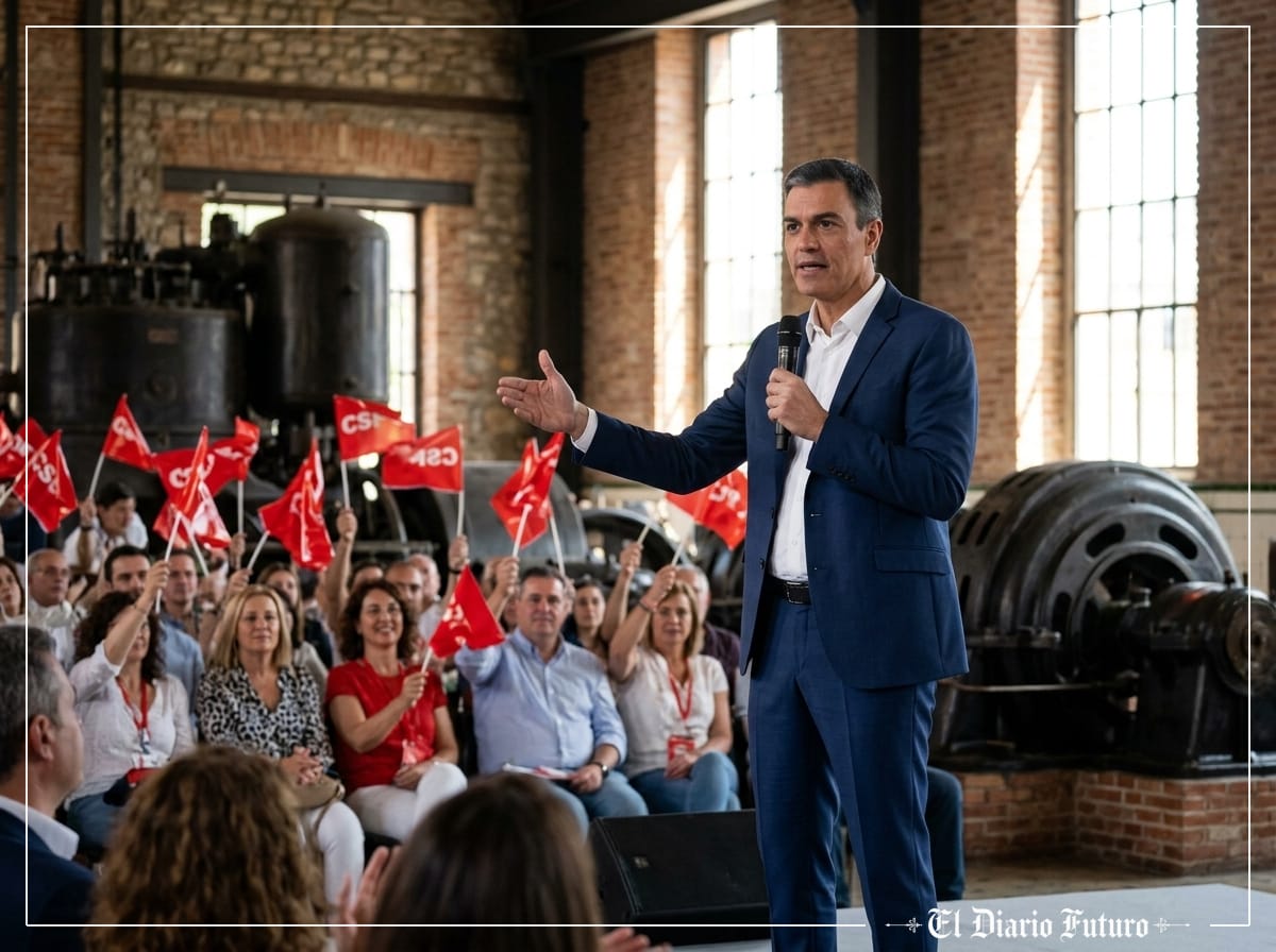 Pedro Sánchez interviene en un mitin en una antigua nave industrial