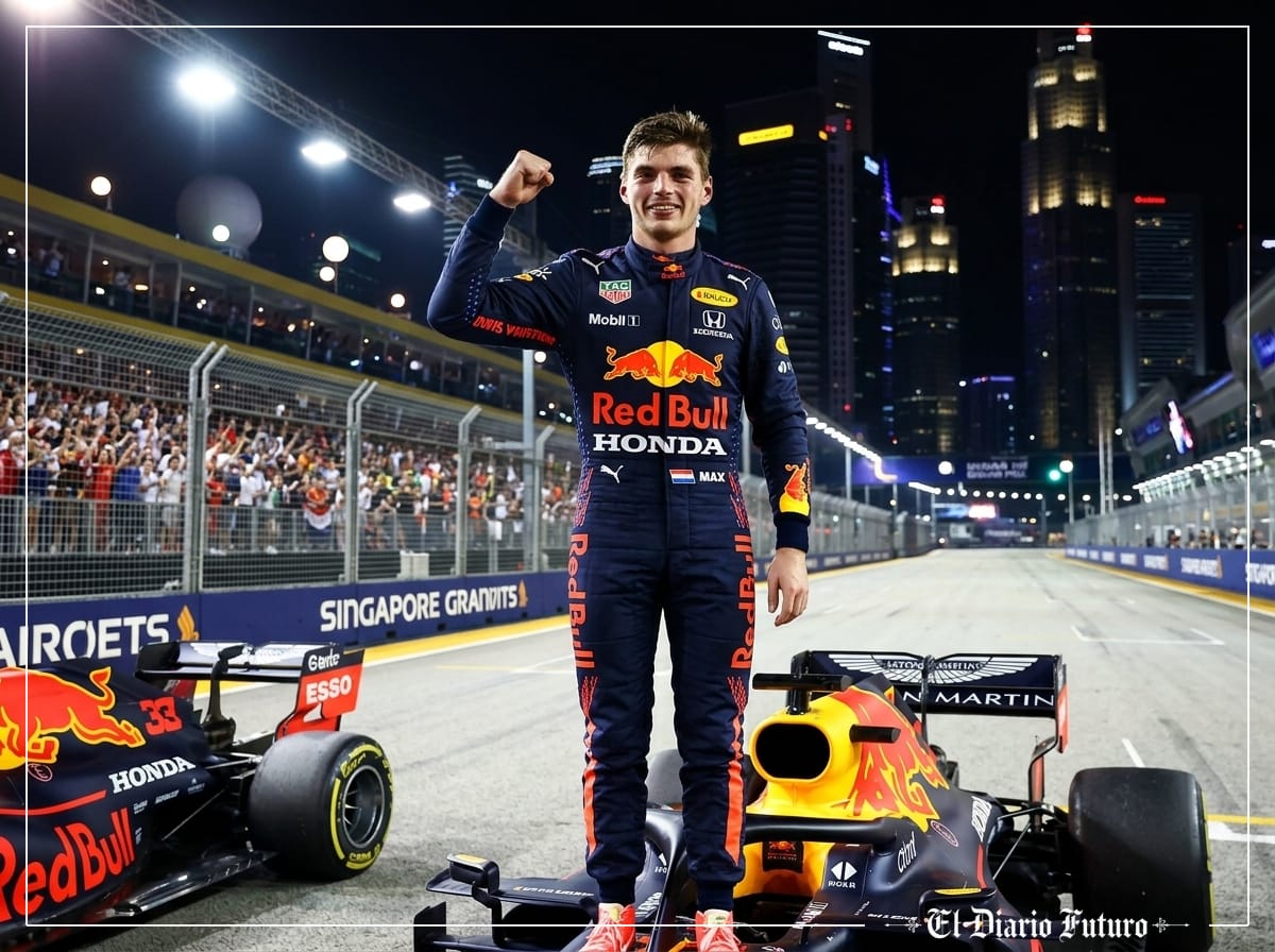 Max Verstappen celebra la victoria en el circuito urbano de Marina Bay de noche