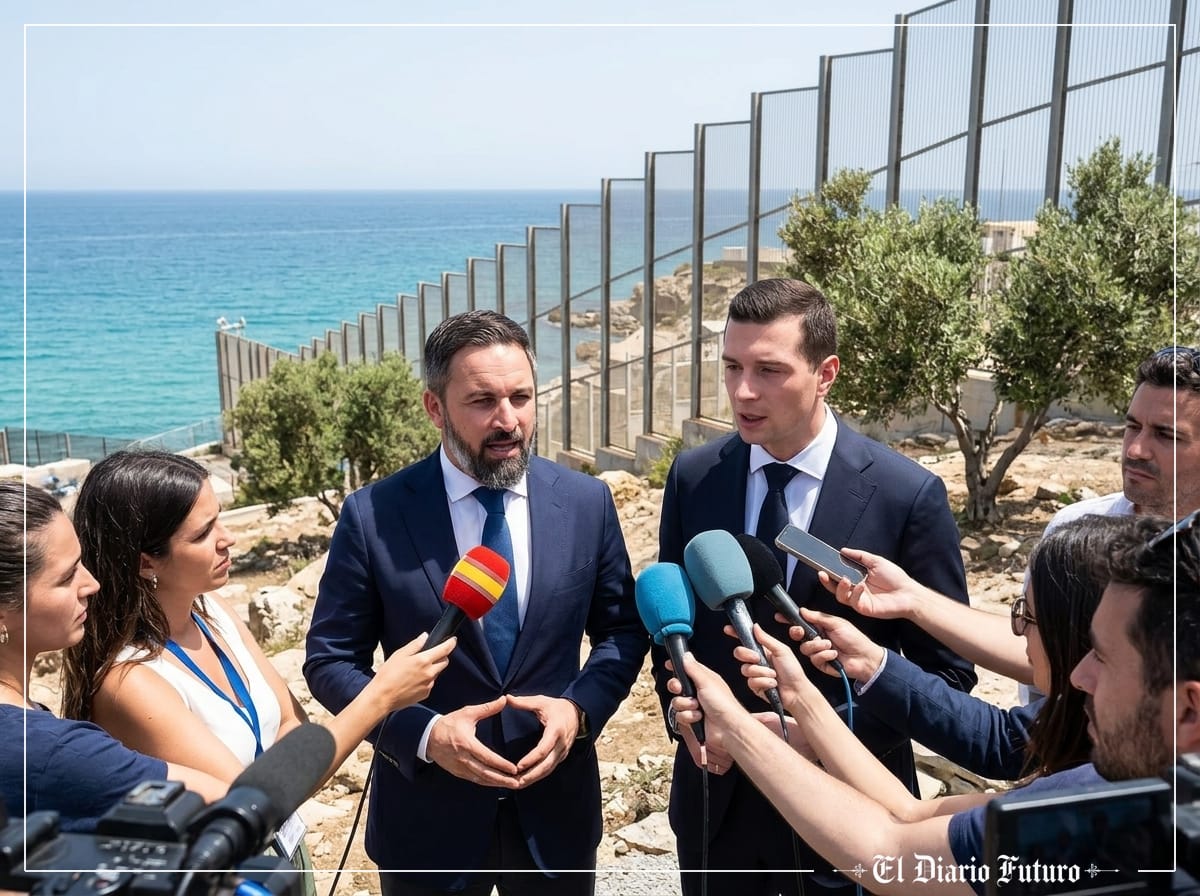 Santiago Abascal y Jordan Bardella junto a la valla fronteriza de Ceuta