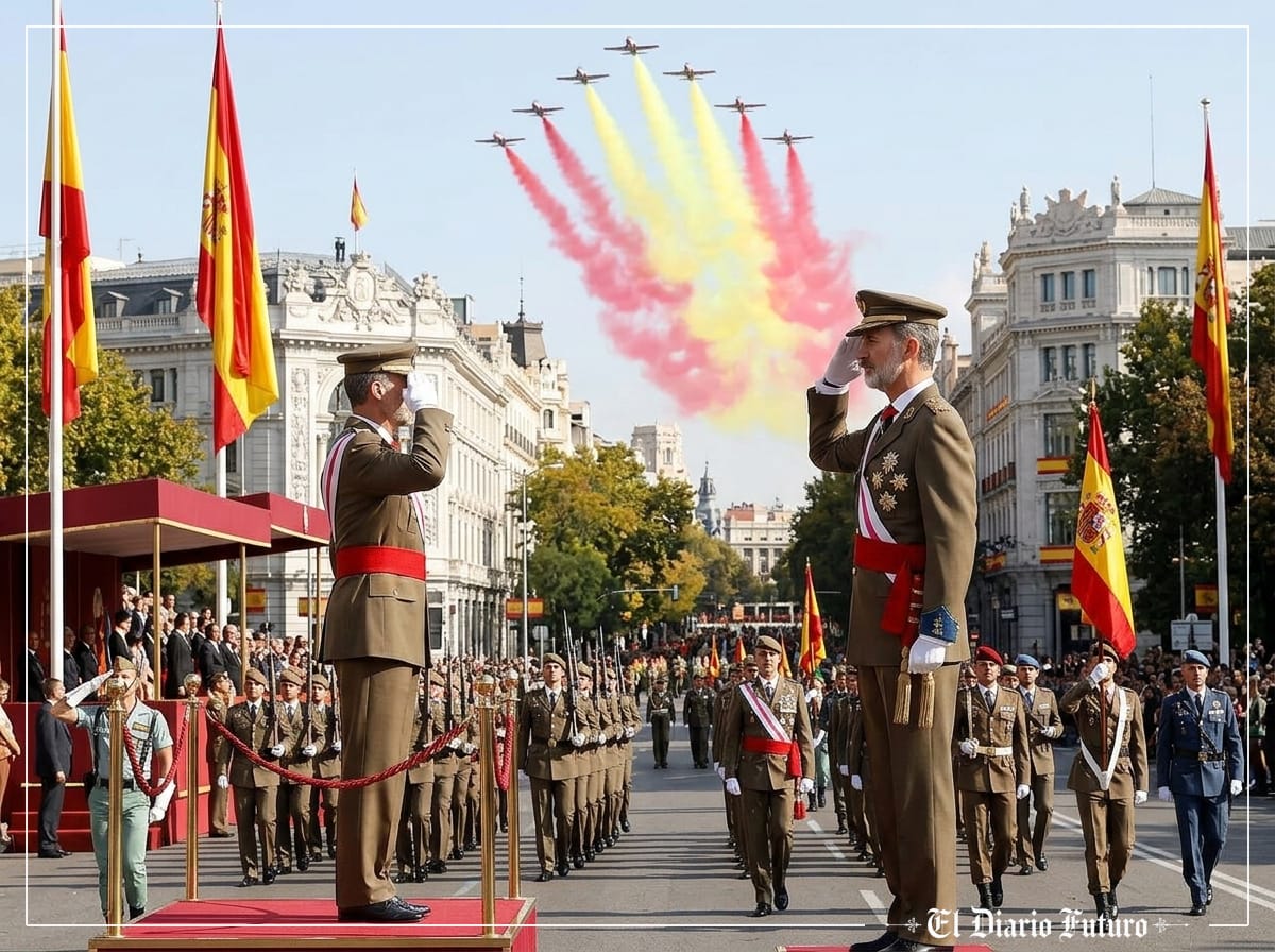 Felipe VI saluda desde la tribuna real durante el desfile militar del 12 de octubre en Madrid