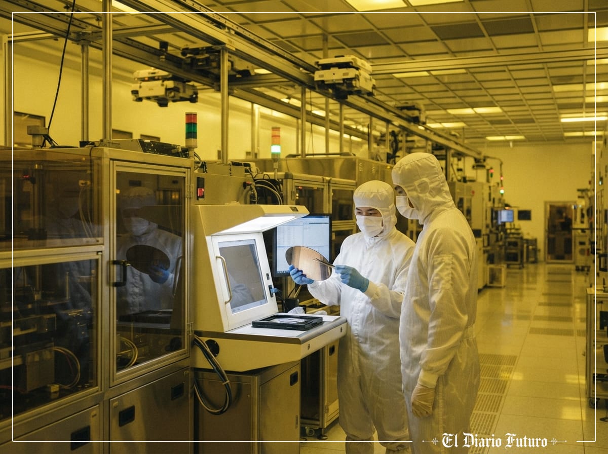 Sala blanca de una fábrica de semiconductores de TSMC con operarios con trajes protectores