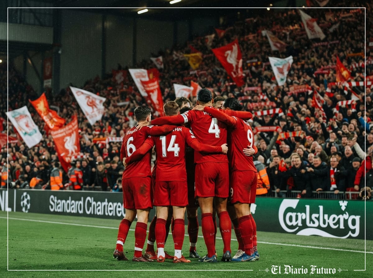Jugadores del Liverpool celebran un gol en Anfield.