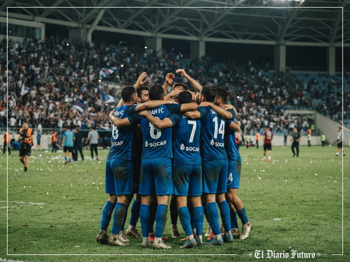 Jugadores del Sabah celebran una victoria en el Estadio Olímpico de Bakú.