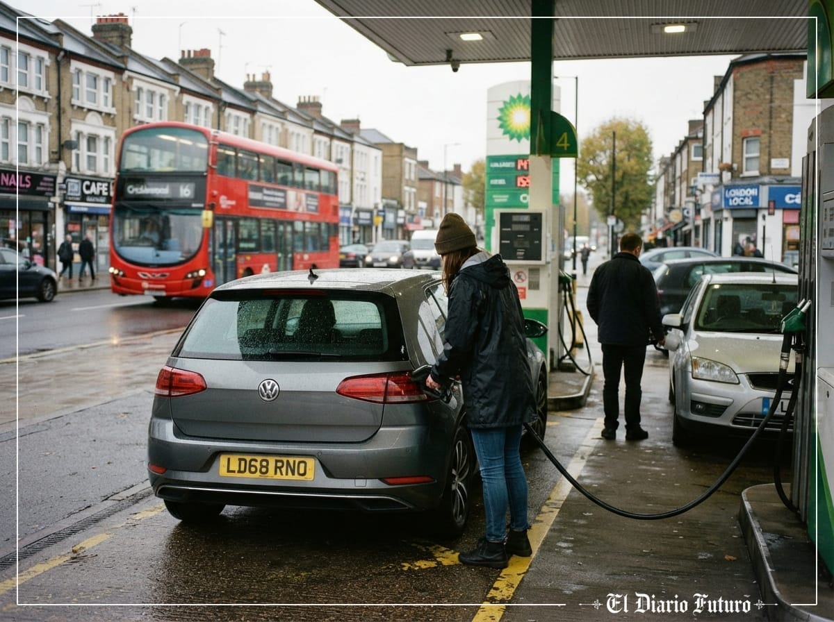 Una gasolinera en una calle de Londres con clientes repostando.