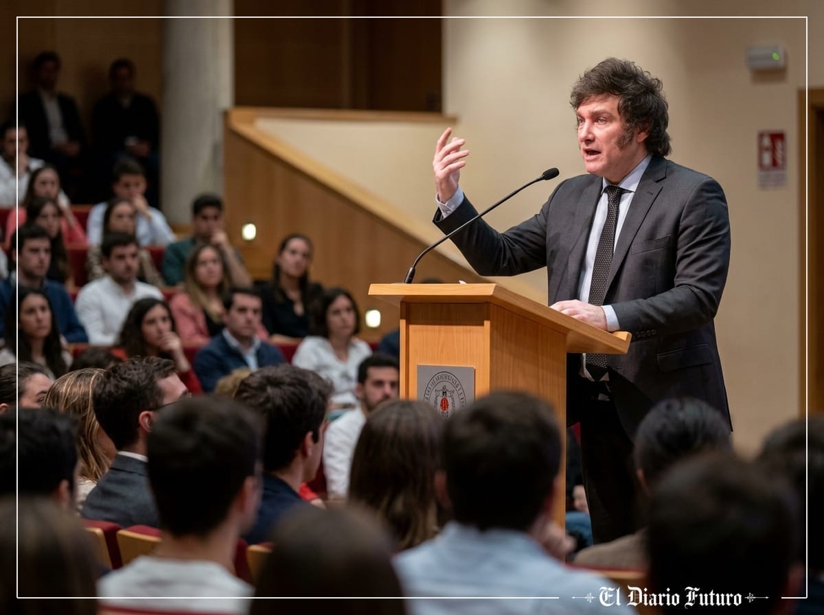 Javier Milei habla desde un atril en un auditorio universitario.