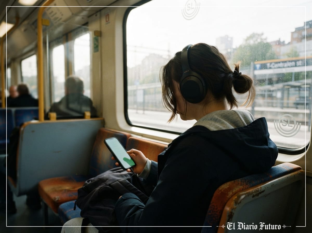 Una persona escucha música con auriculares mientras mira la aplicación de Spotify en el móvil.